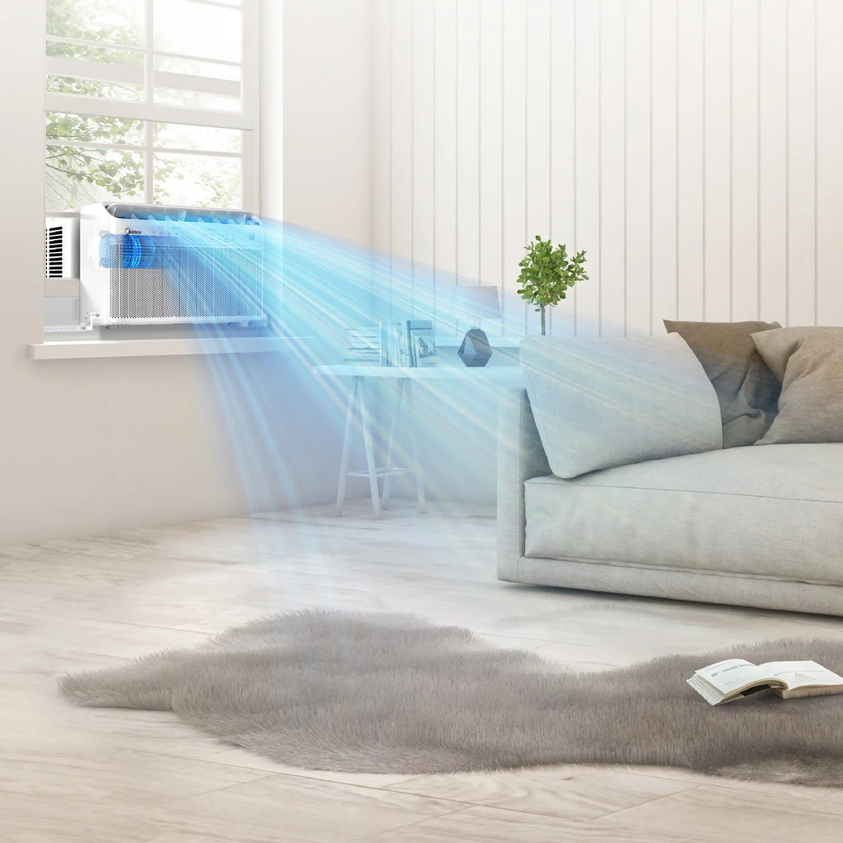 Midea 8,000 BTU U-Shaped Wi-Fi Enabled Window Air Conditioner illustration cooling room in window