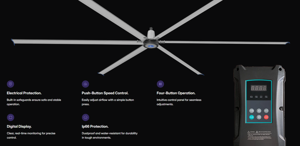 MRCOOL CoolBlade HVLS Industrial Fan has Electrical Protection, Push Button Speed Control, Four Button Operation, Digital Display, Ip66 Protection