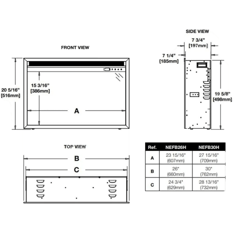 Napoleon Cineview Electric Fireplace Insert - Dimensions