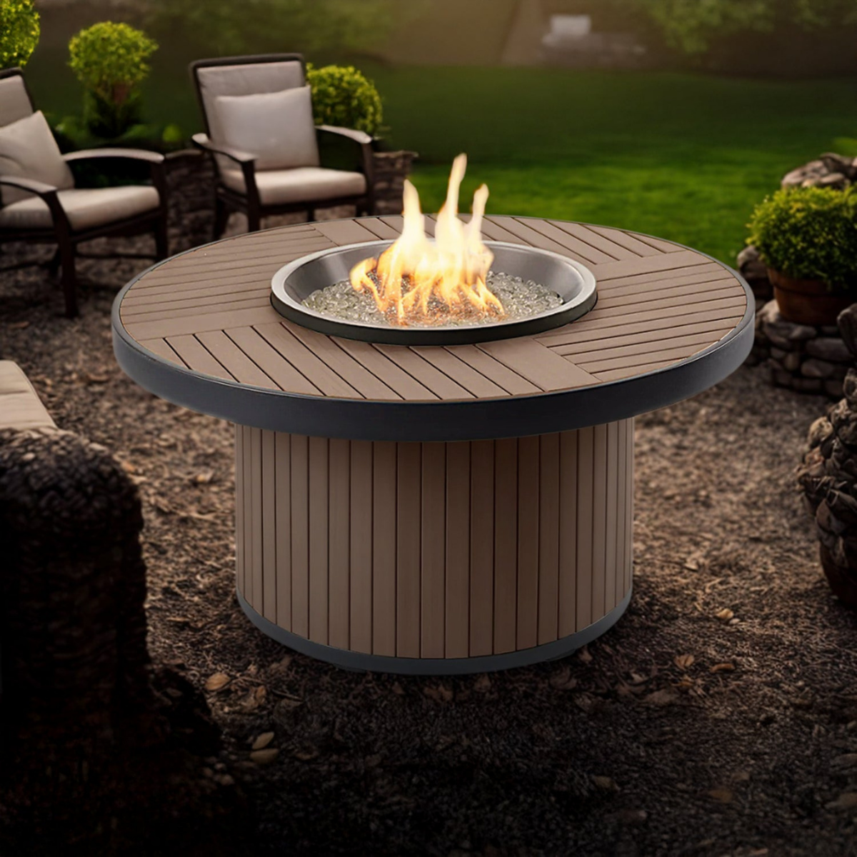 Outdoor Greatroom 42-In. Umber Brown Kenwood Round Gas Fire Pit Table - Lifestyle