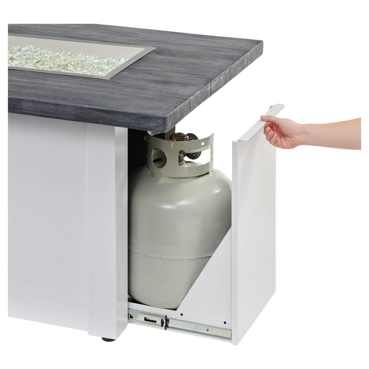 Outdoor Greatroom Havenwood with Carbon Grey Everblend Top Fire Table White - Tank Slider