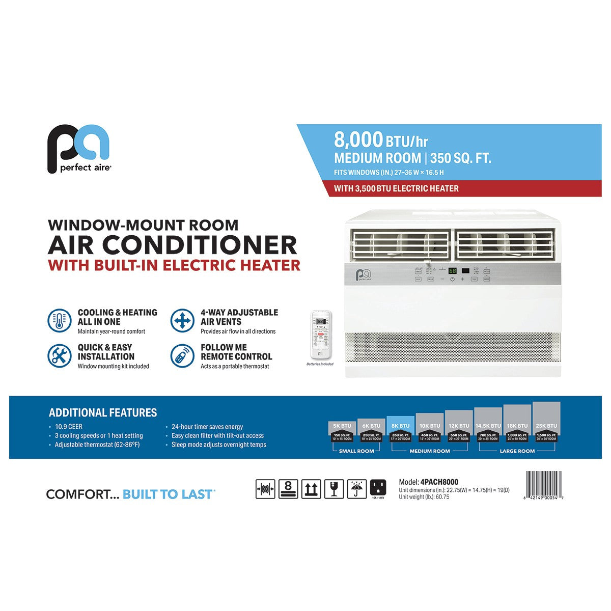 Perfect Aire 8,000 BTU Window Air Conditioner with Electric Heater - Spec Sheet