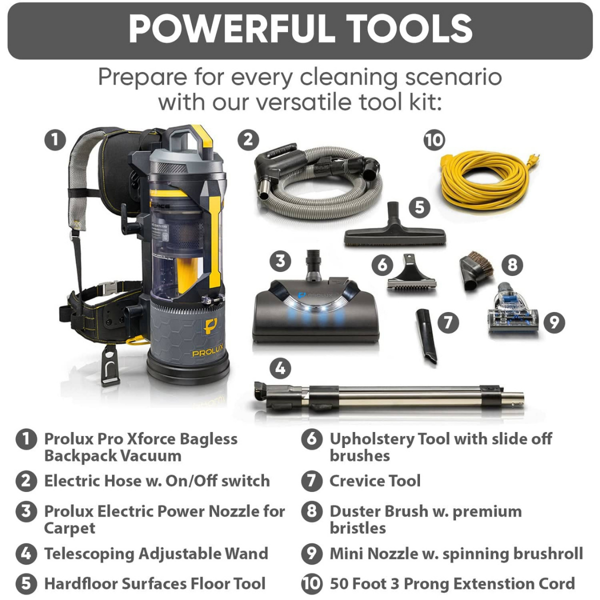 Prolux X-Force Pro Bagless Backpack Vacuums - Power Nozzle Kit Tools 1