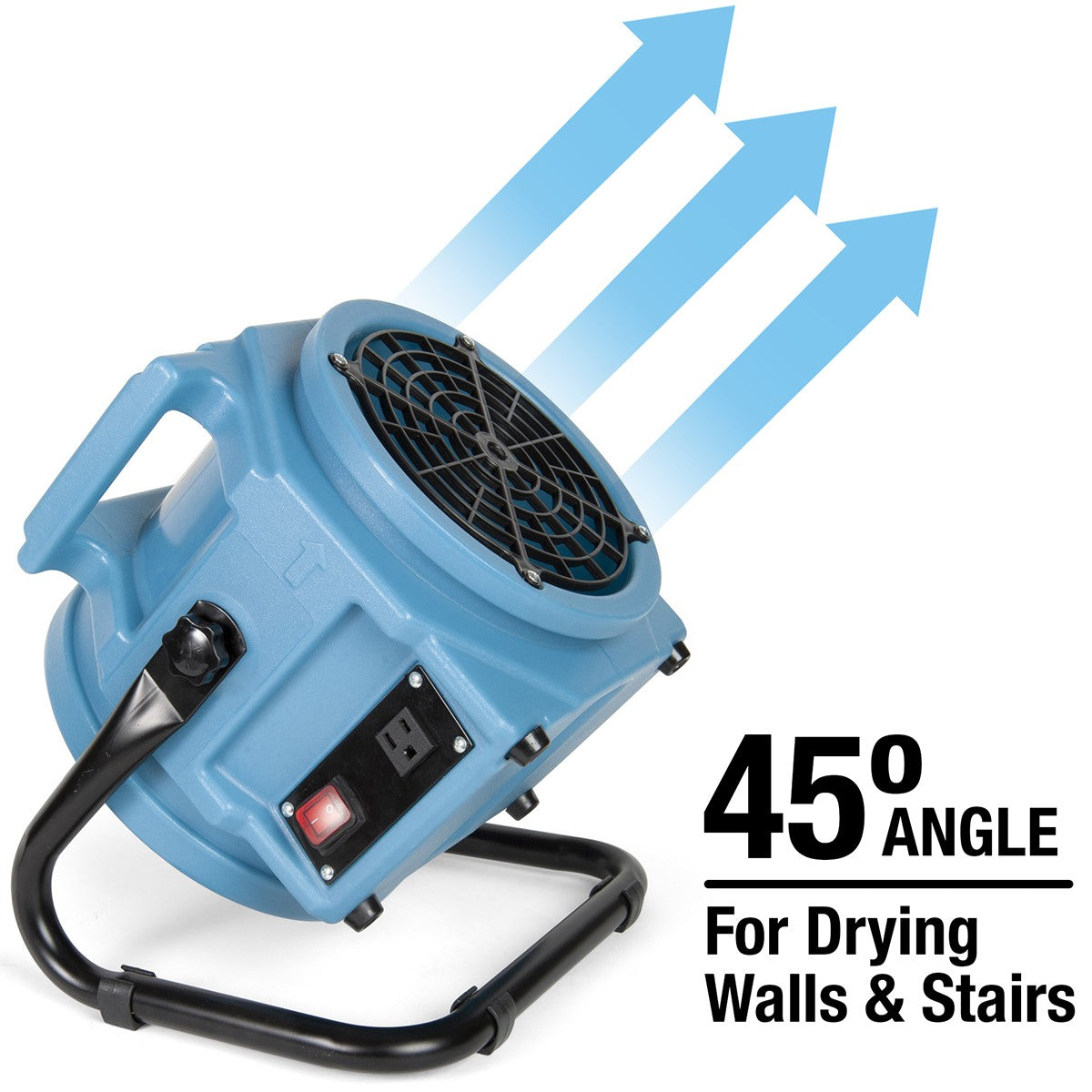 The Puraero Compact can angle 45 degrees for drying walls or staircases.