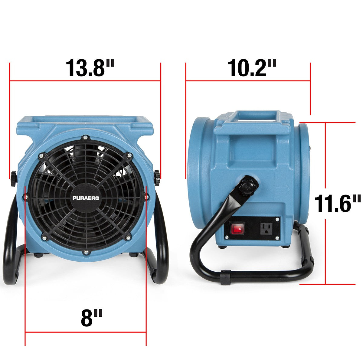 Puraero 1/4 HP 1.9A Compact High Speed Axial Fan - dimensions