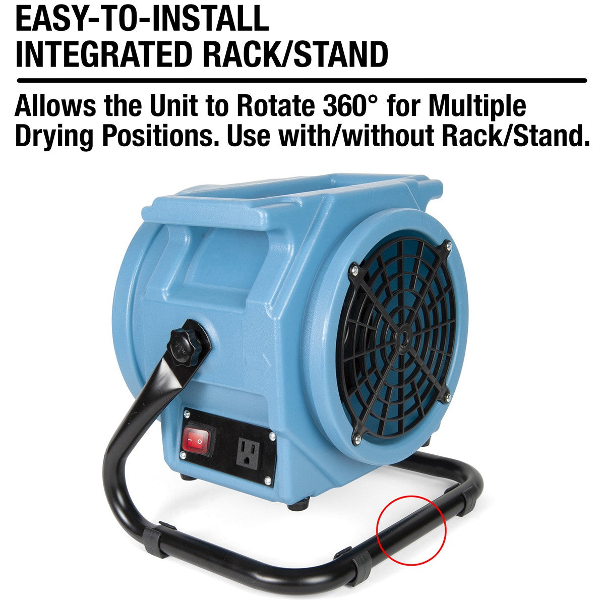 The Pureaero's easy to install integrated rack stand allows the unit to rotate 360 degrees.