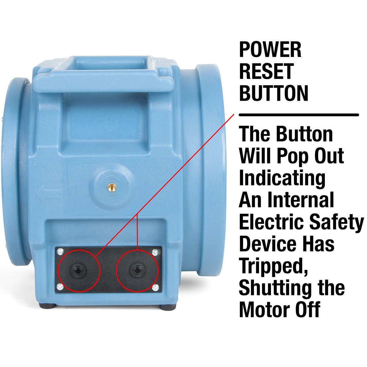 A power reset button allows for safe operation of the Puraero Fan.