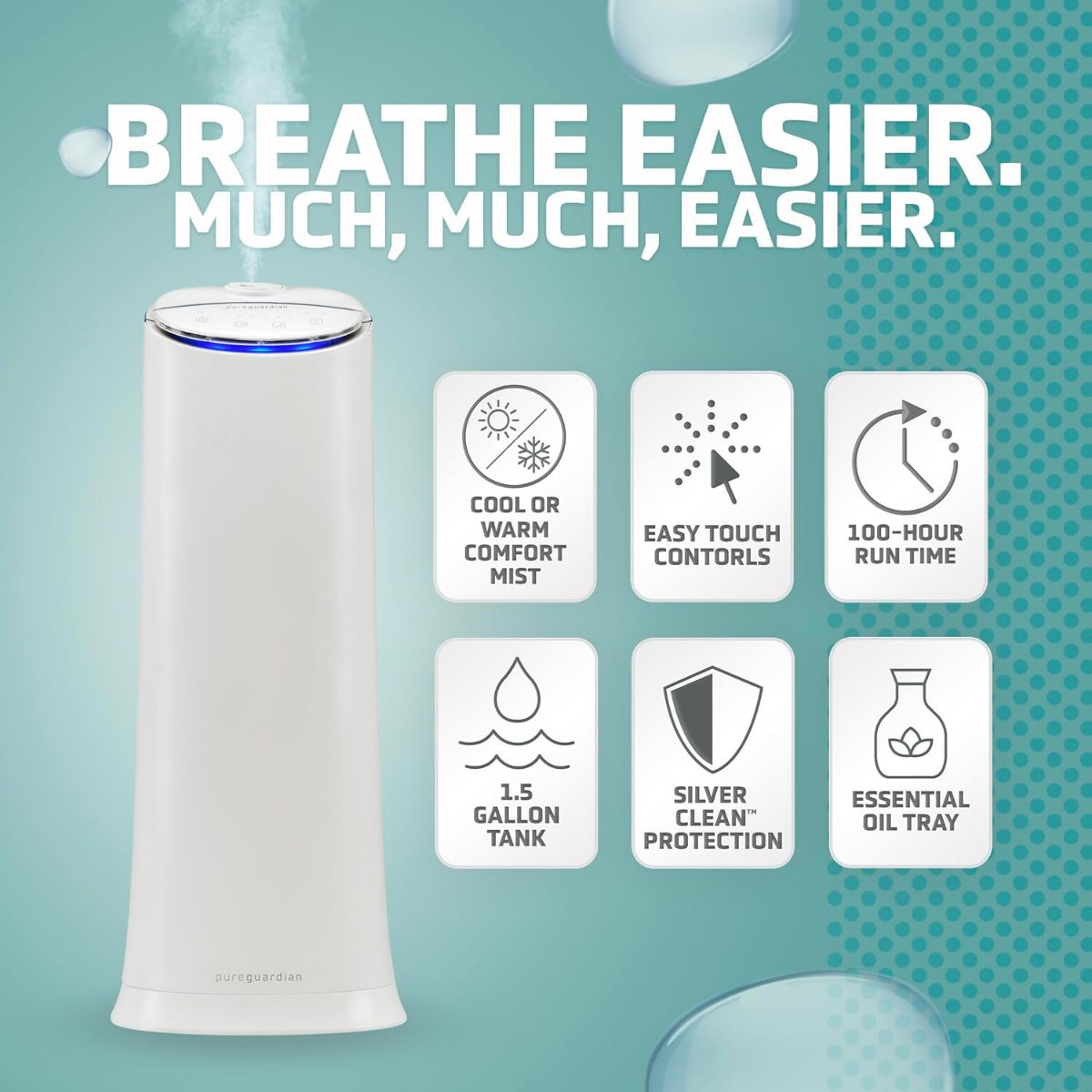 PureGuardian 1.5 Gal. Ultrasonic Warm & Cool Mist Tower Humidifier - Infographic 1