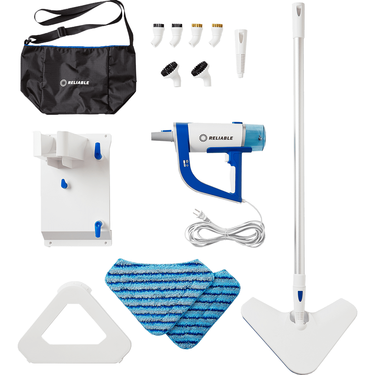 Reliable Pronto 300CS Portable 2-in-1 Steam Cleaning System - Includes 2 large nylon brushes, 2 small nylon brushes, 2 brass brushes, steam nozzle, mop head extension, 2 cleaning cloths, carpet glide, wall-mount, storage bag