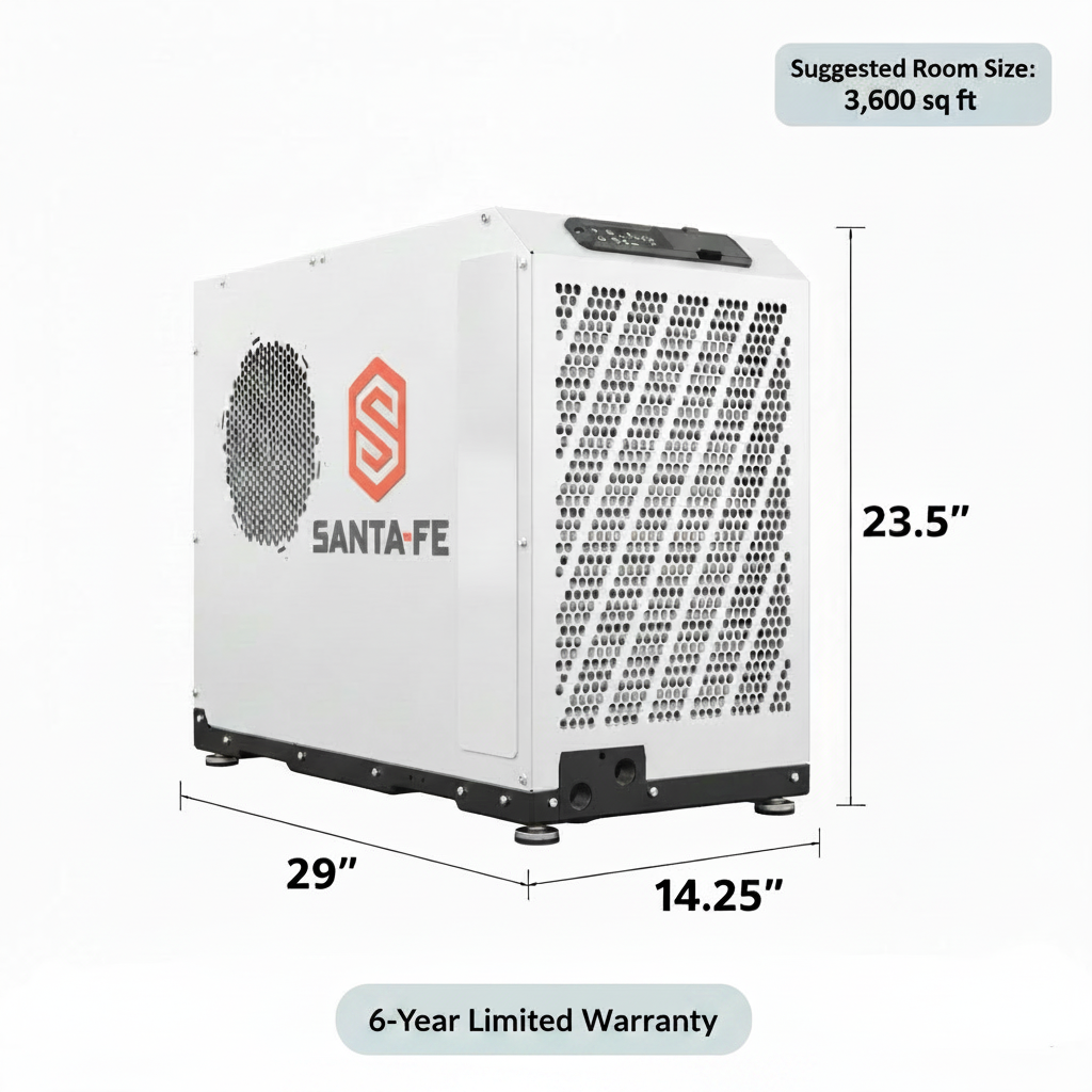 Santa Fe Advance Dry110 Dehumidifier with dimensions, Suggested room size 3600sq ft, 6-Year Limited Warranty