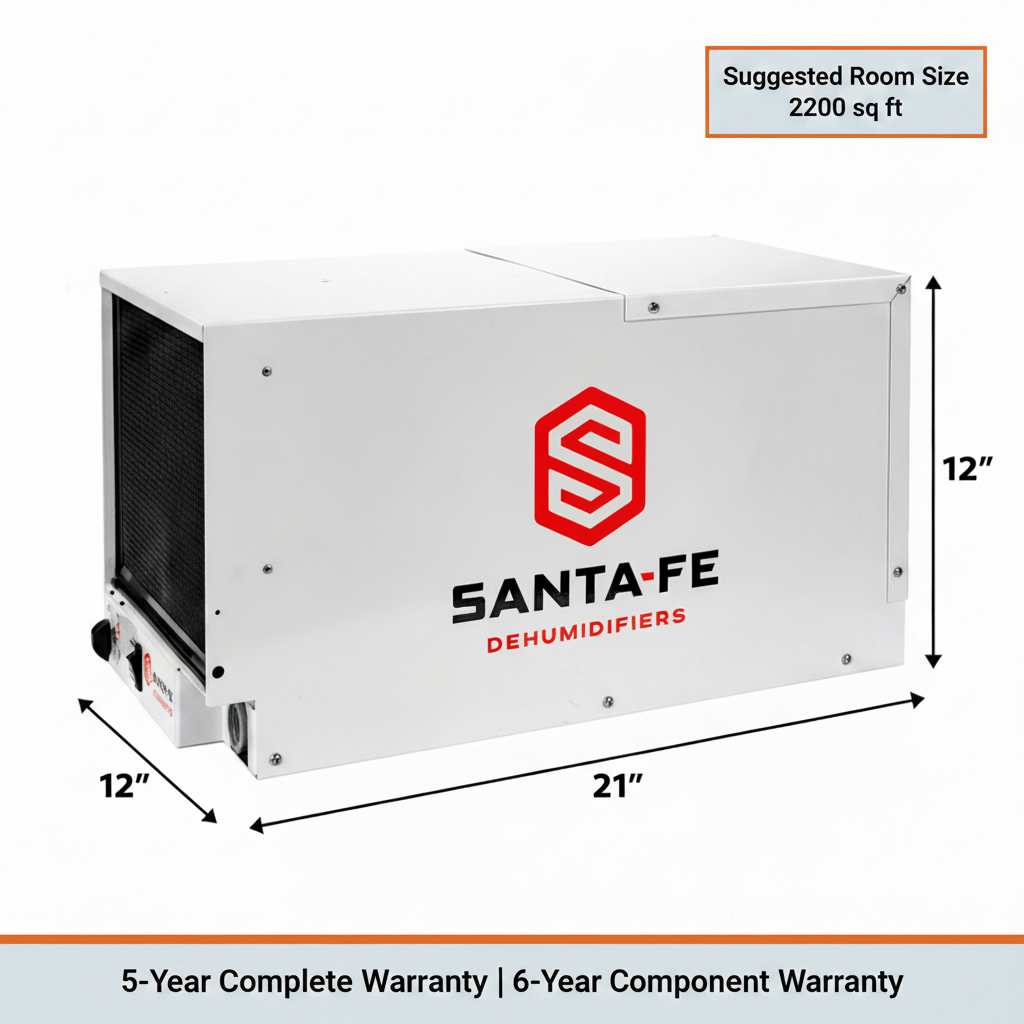 Santa Fe dehumidifier with dimensions and suggested room size 2200sqft