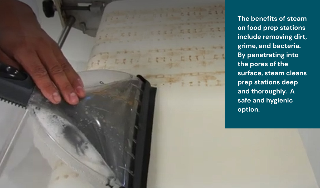 The benefits of steam on food prep stations include removing dirt, grime, and bacteria. By penetrating into the pores of the surface, steam cleans prep stations deep and thoroughly. A safe and hygienic option.