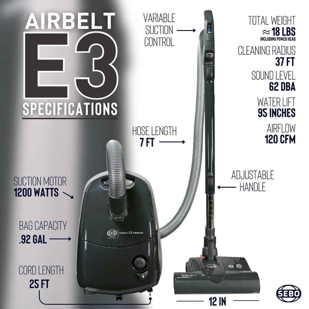 SEBO AIRBELT E3 Premium Canister Vacuum with Dual-Control Handle and Commercial-Quality ET-1 Electric Powerhead - Attributes