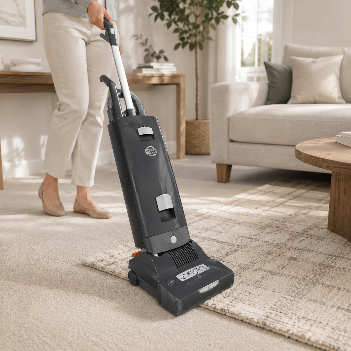 Person using a vacuum cleaner easily on uneven floor surfaces.