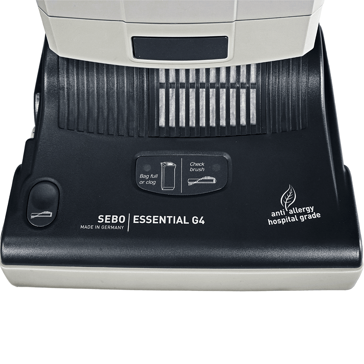 SEBO Essential G4 Upright Vacuum Cleaner - Bag full, filter change, and blockage notification lights.