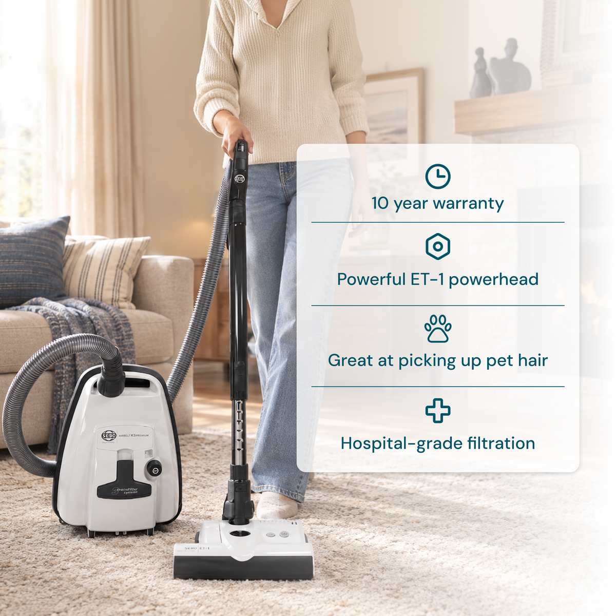 Sebo Airbelt K3 benefits 10 year warranty, Powerful ET-1 powerhead, great at picking up pet hair, hospital grade filtration.