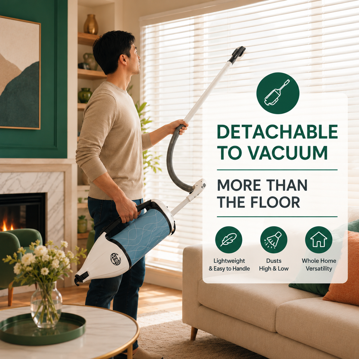 Man using a SEBO Felix vacuum cleaner in a living room with text highlighting features.