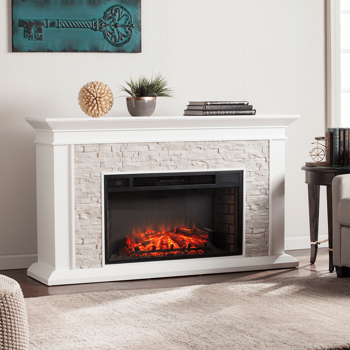 Southern Enterprises (SEI) Canyon Heights Simulated Stone Fireplace White in Living Room