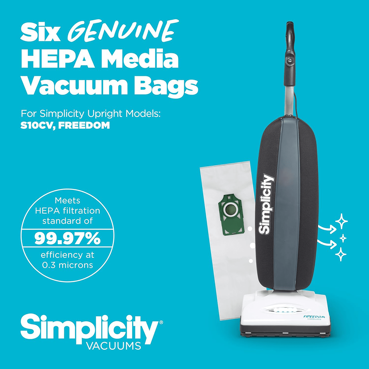 Simplicity Cordless Freedom Self-Sealing HEPA Media Bags w/ Charcoal 6-Pack - Infographic 1