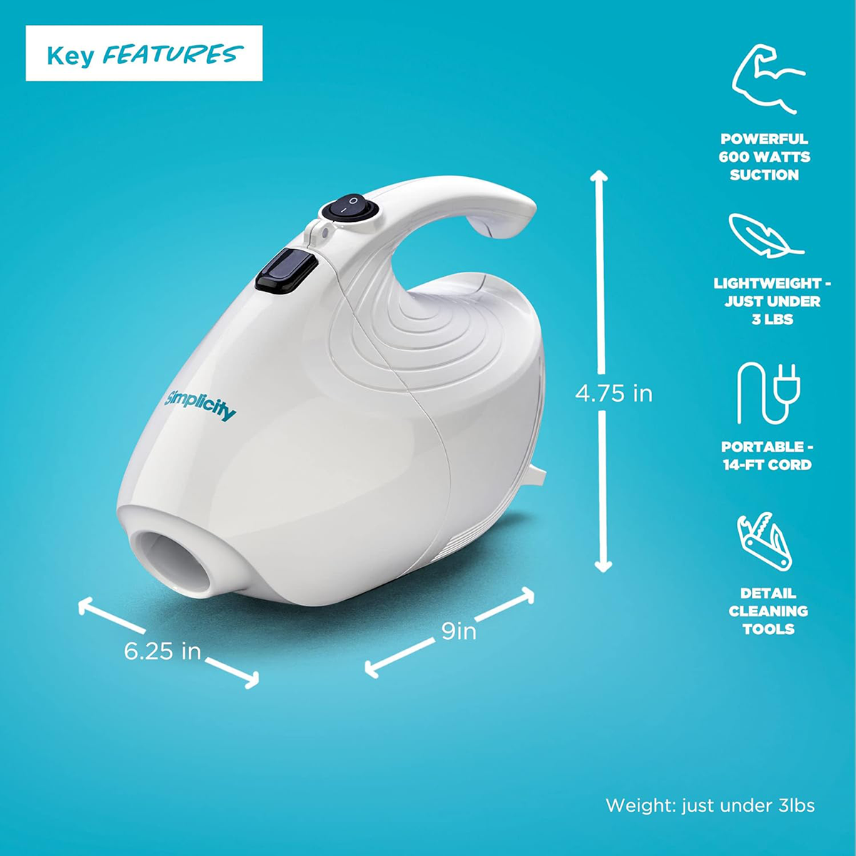 Simplicity Flash Micro Handheld Vacuum - Dimensions