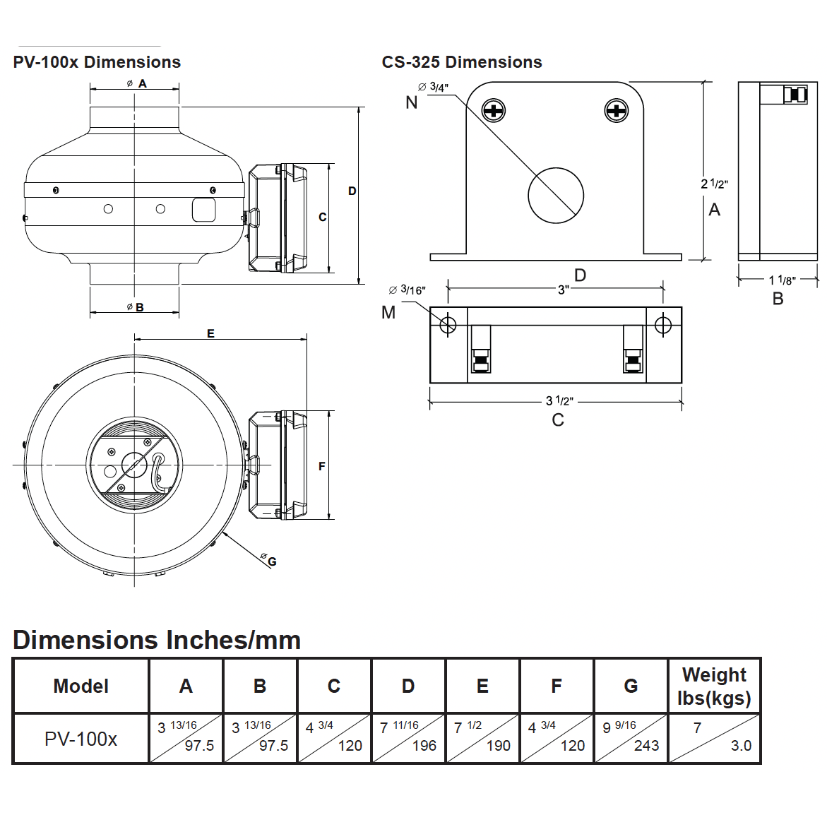 S&P PV-100XPS Powervent Dryer Booster Kit - Dimensions