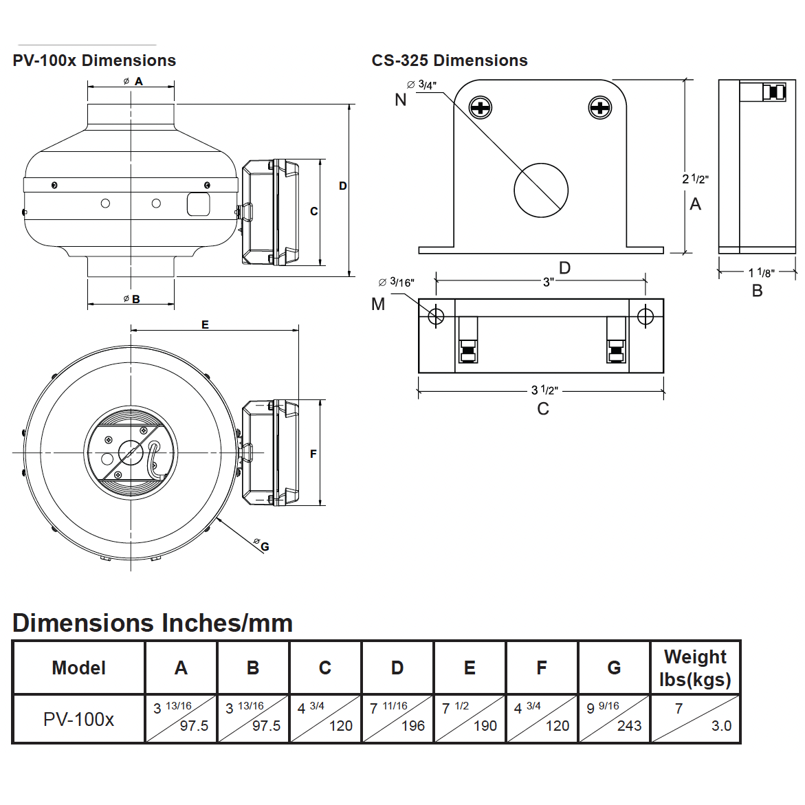 S&P PV-100XPS Powervent Dryer Booster Kit - Dimensions