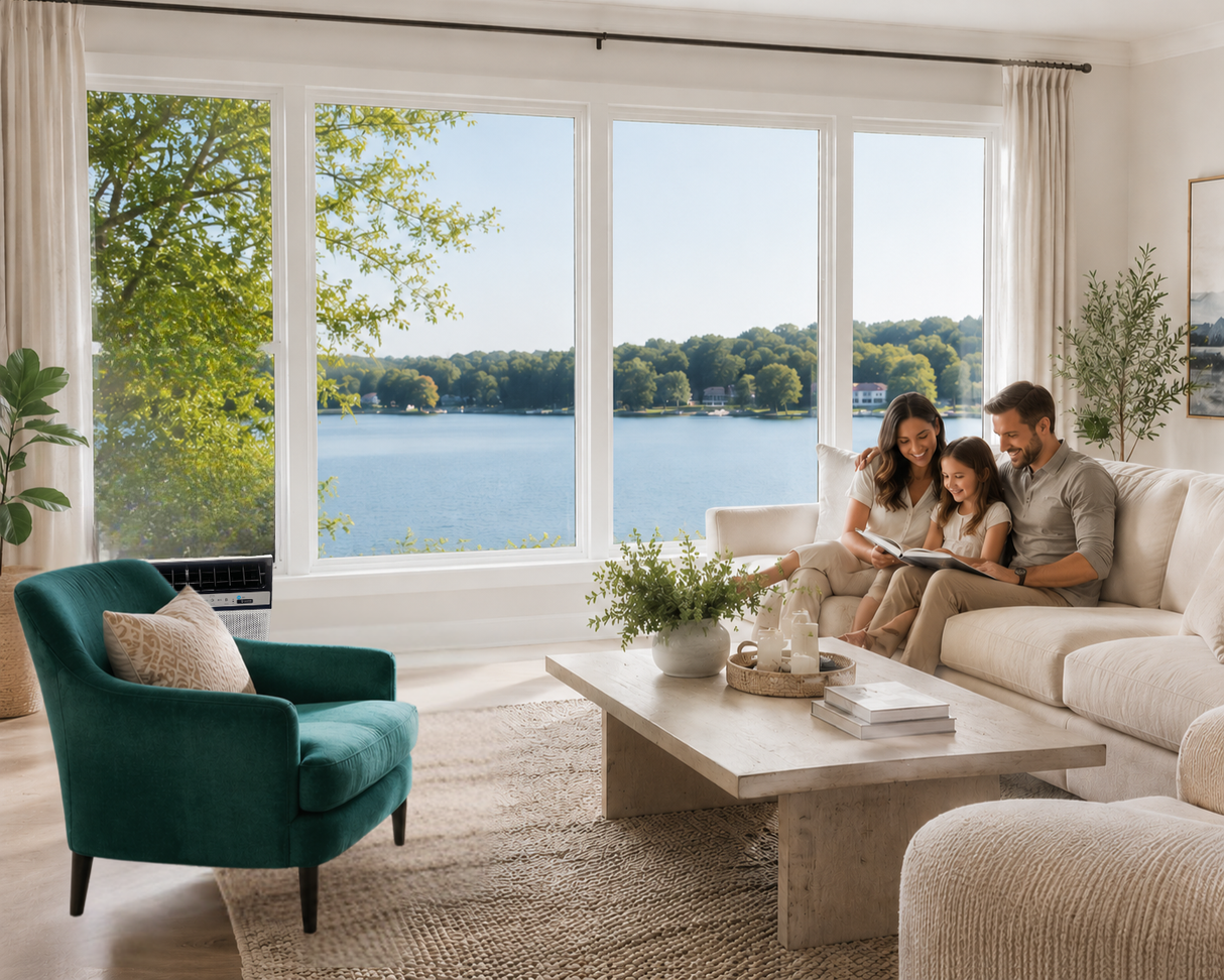 Family sitting on a couch in a modern living room with large windows overlooking a lake with Soleus Air 10,000 BTU Saddle Window Air Conditioner w/Heat cooling the room.