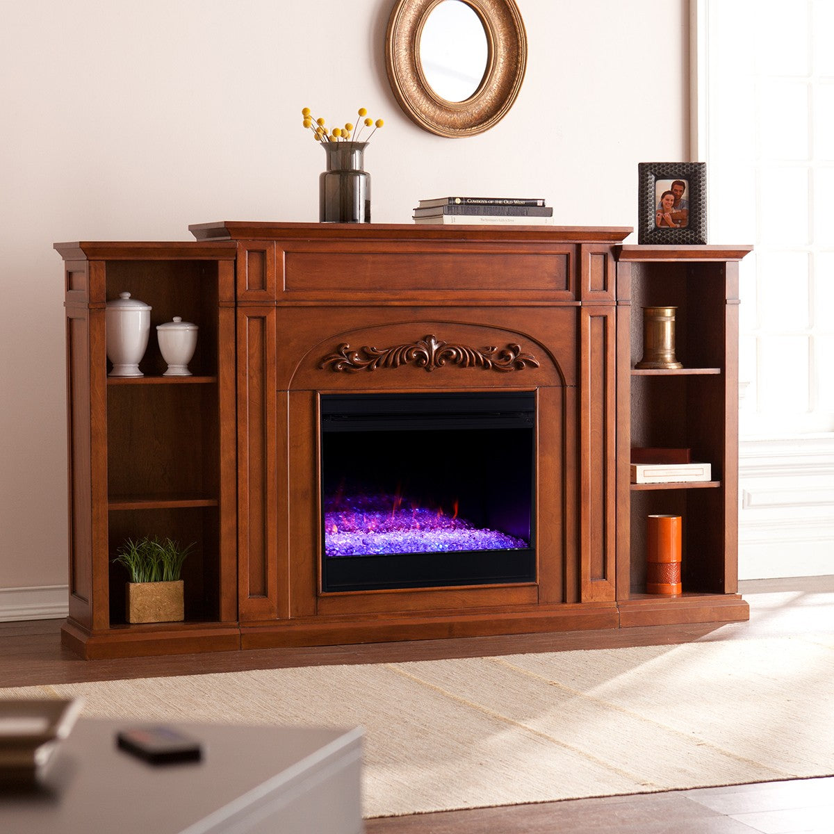 Southern Enterprises Chantilly Color-Changing Electric Fireplace with Bookcases-Oak in Living Room