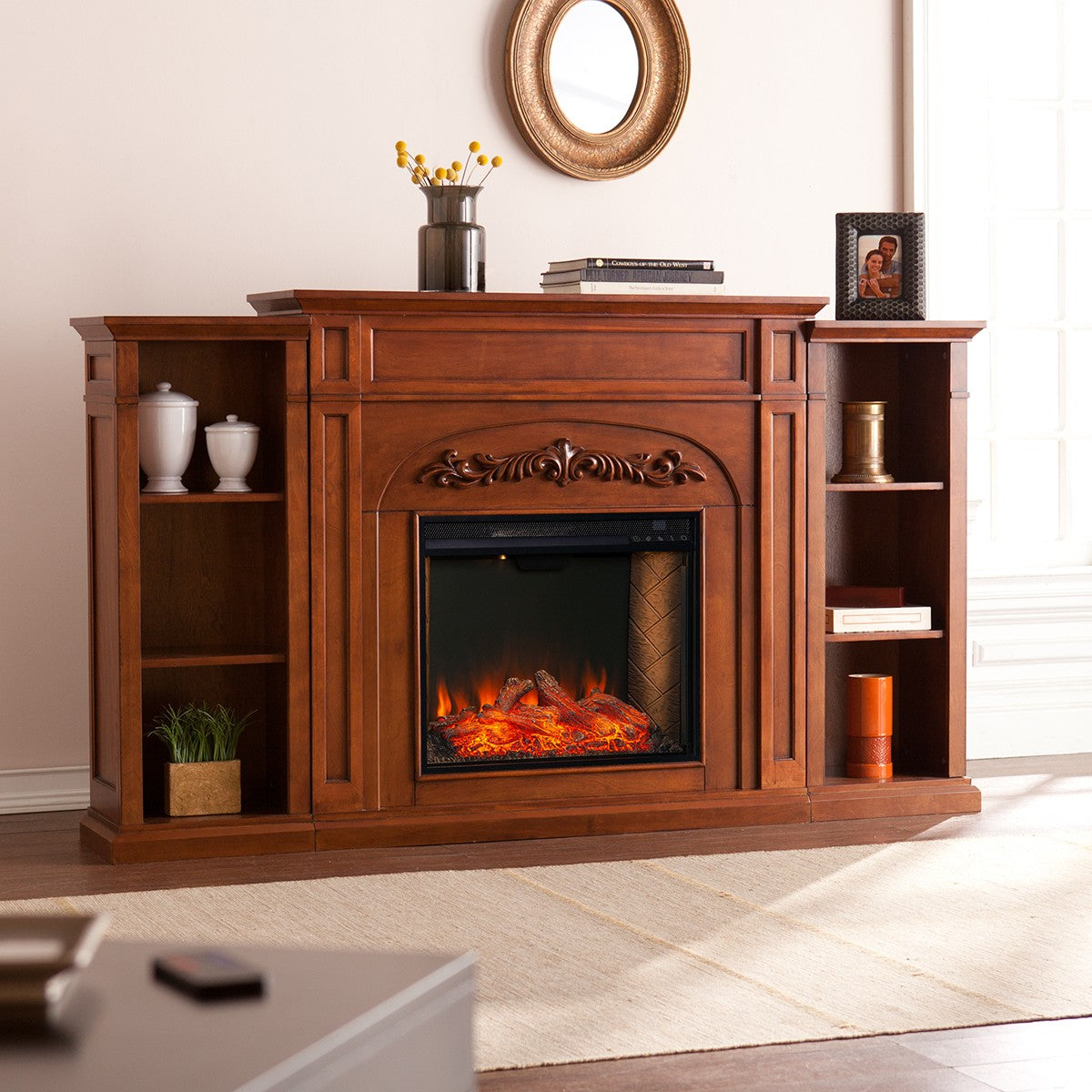Southern Enterprises Chantilly Smart Alexa-Enabled Electric Fireplace with Bookcases-Oak in Family Room