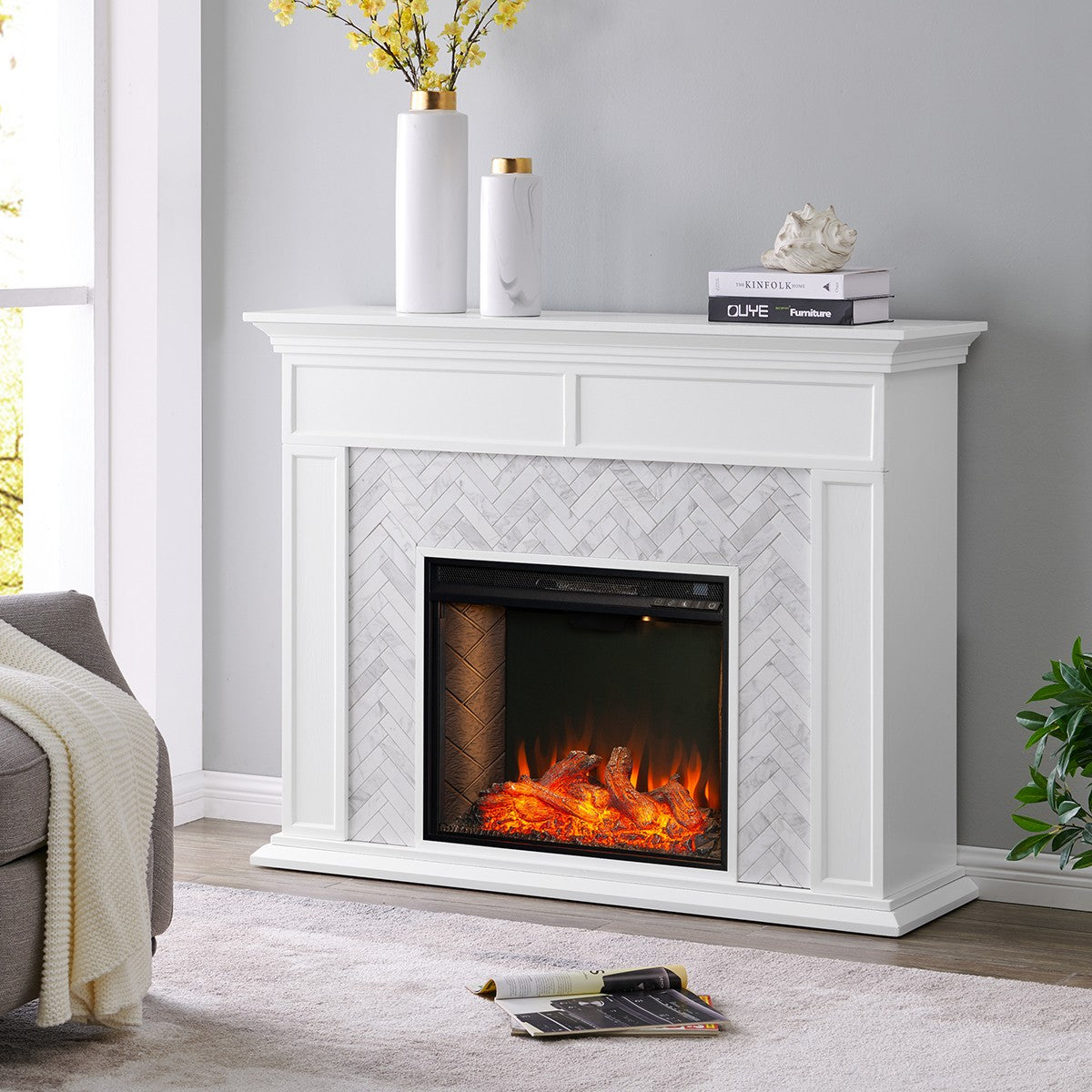 Southern Enterprises Torlington Marble Tiled Alexa-Enabled Electric Fireplace - in Living Room
