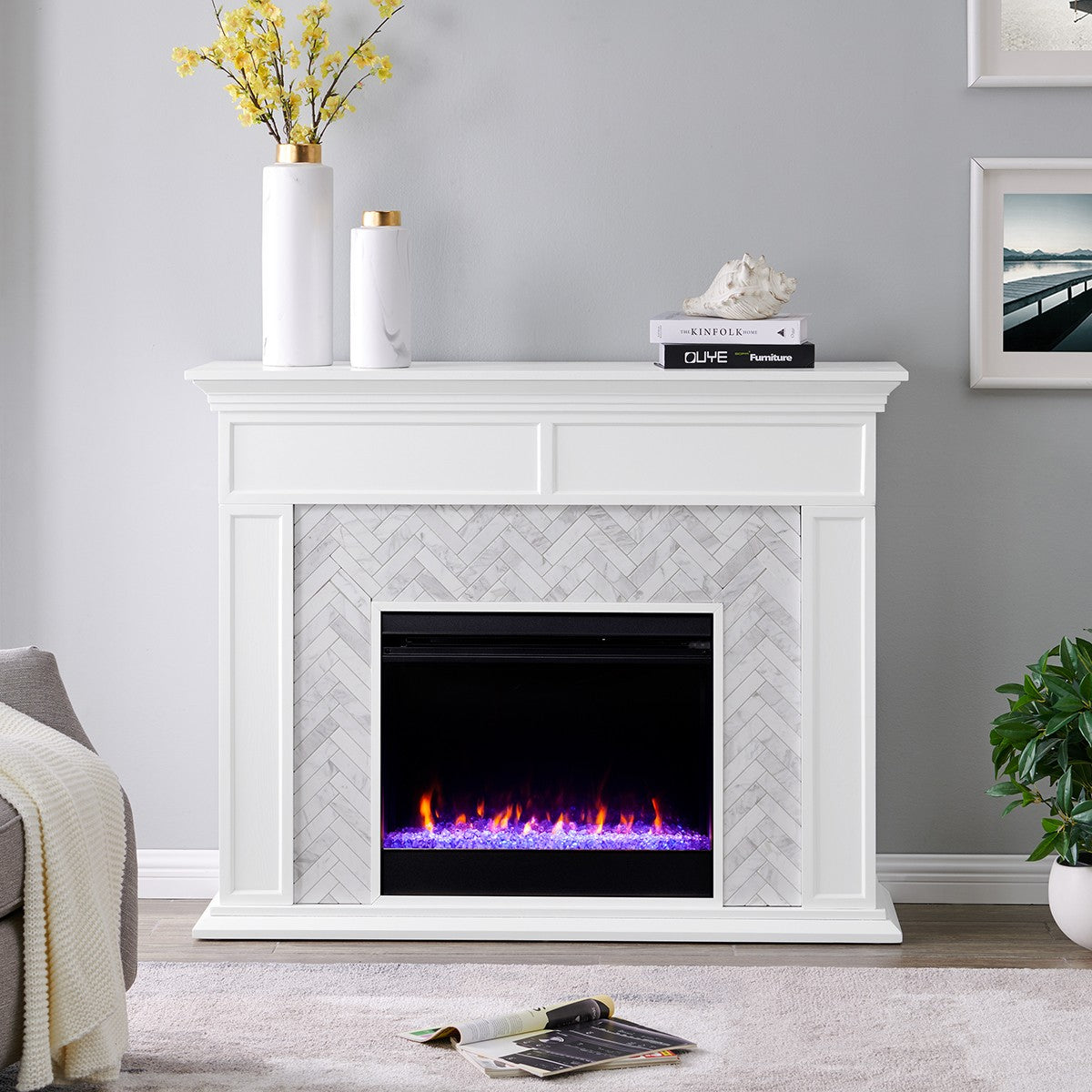 Southern Enterprises Torlington Marble Tiled Electric Fireplace - in Living Room