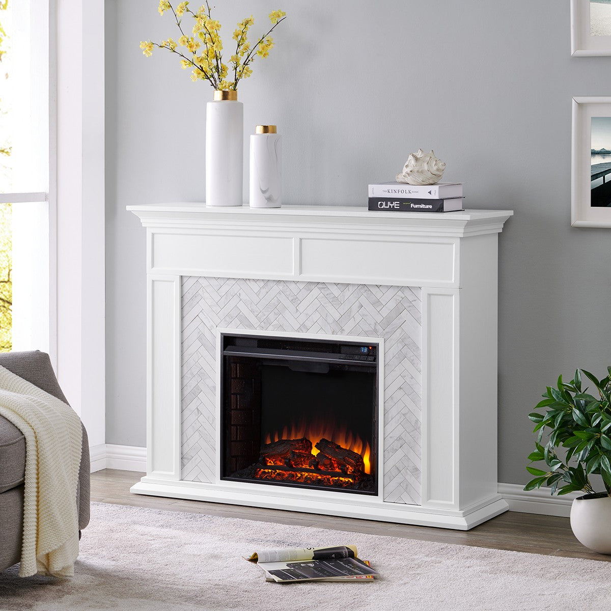 Southern Enterprises Torlington Marble Tiled Electric Fireplace in Living Room