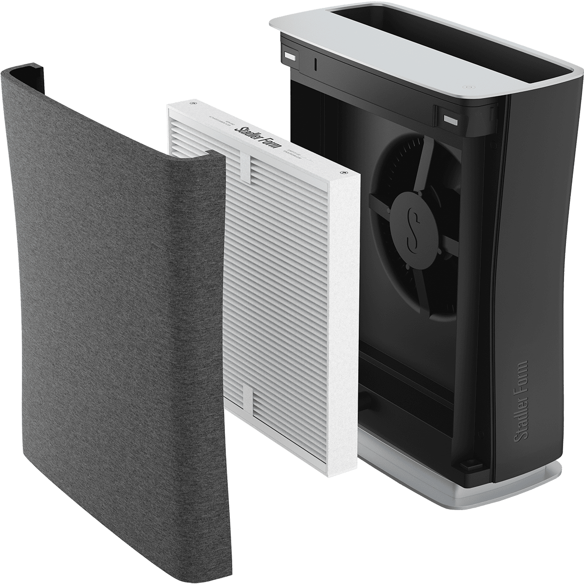 Stadler Form Roger HEPA Air Purifier - Expanded View with pre-filter, HEPA filter, and base.