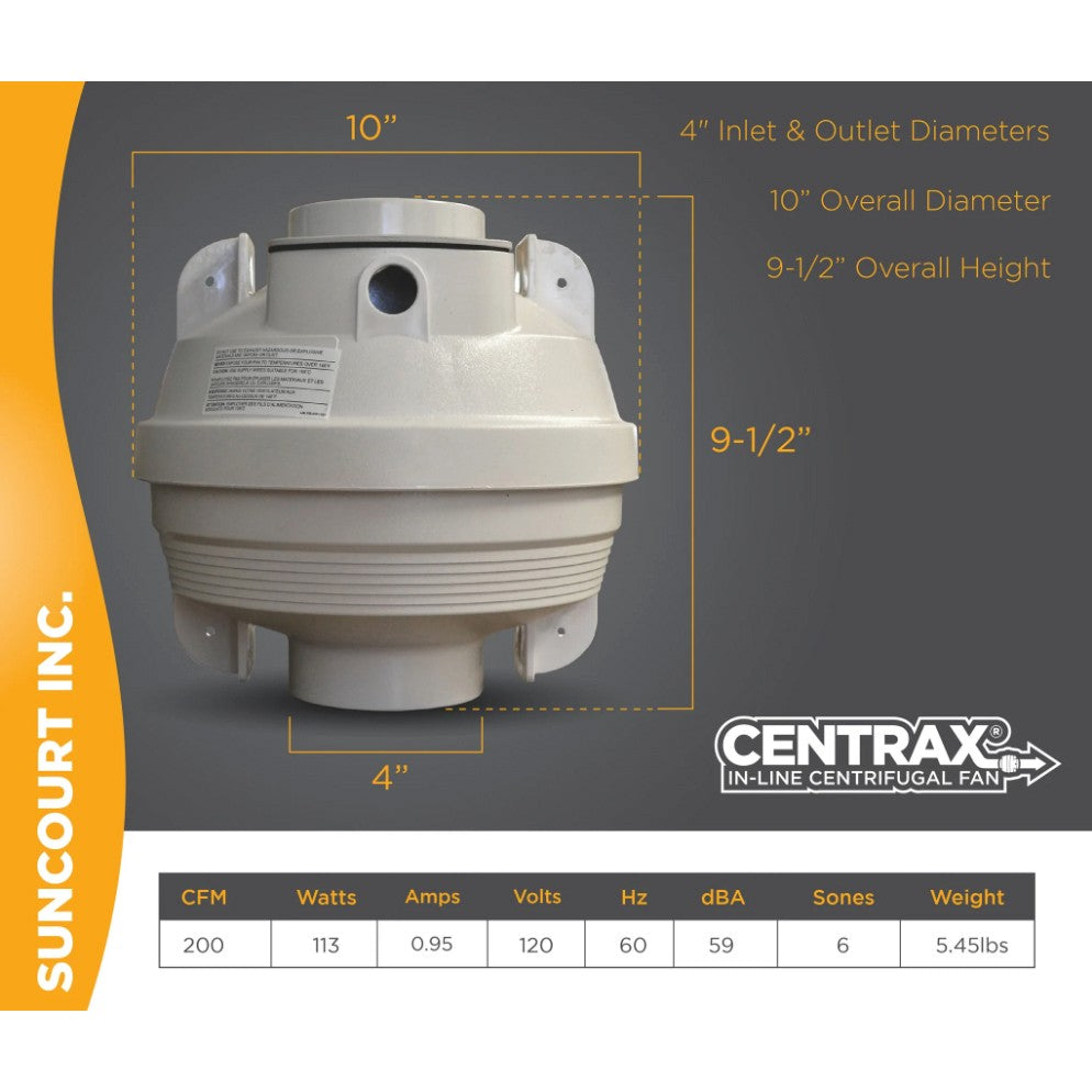 Suncourt Centrax In-Line Centrafugal Fan - Dimensions