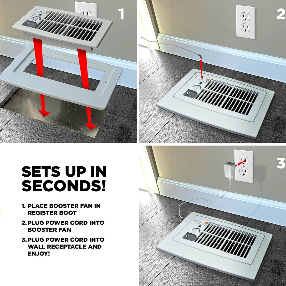Suncourt Flush Fit Register Booster Fan with Adapter Plate - Set-Up is Simple