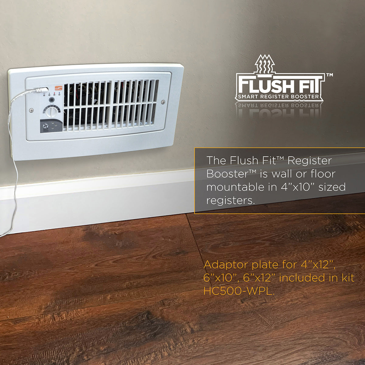 Suncourt Flush Fit Register Booster Fan with Adapter Plate - White Wall Mount