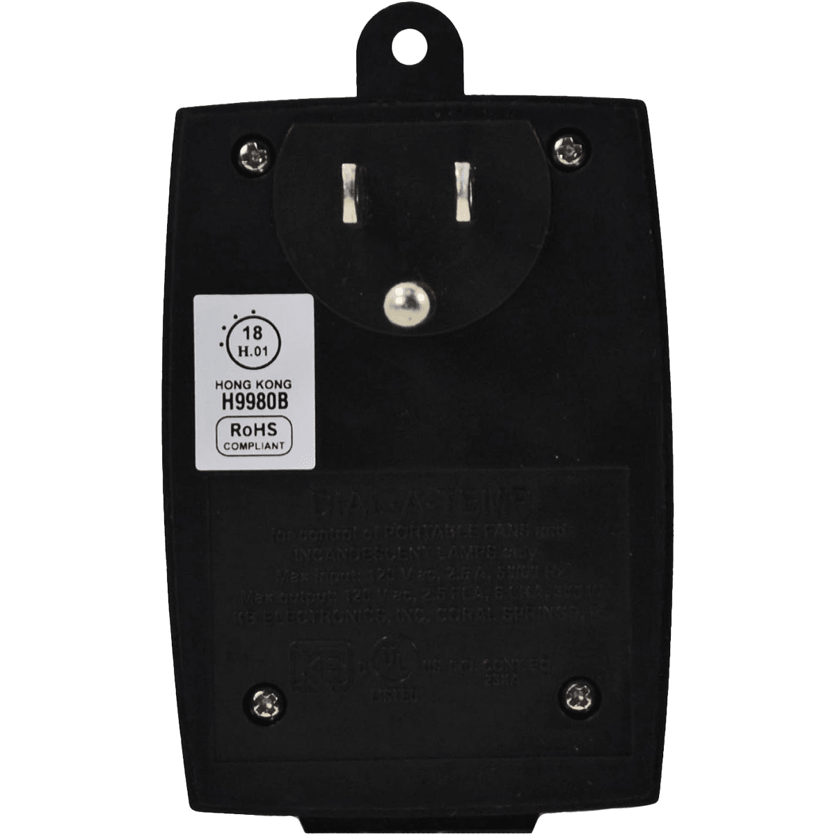 Suncourt Plug-In Variable Speed Fan Control - back view