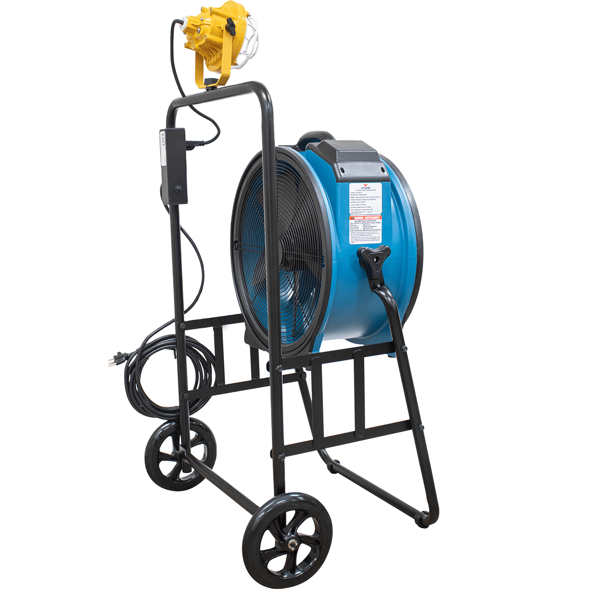 XPOWER 18-In. 3600 CFM Warehouse/Dock/Trailer Fan Kit w/ Mobile Trolley & LED Spotlight - Blue - Left Angle