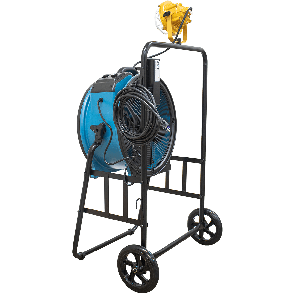 XPOWER 18-In. 3600 CFM Warehouse/Dock/Trailer Fan Kit w/ Mobile Trolley & LED Spotlight - Blue - Right Back Angle