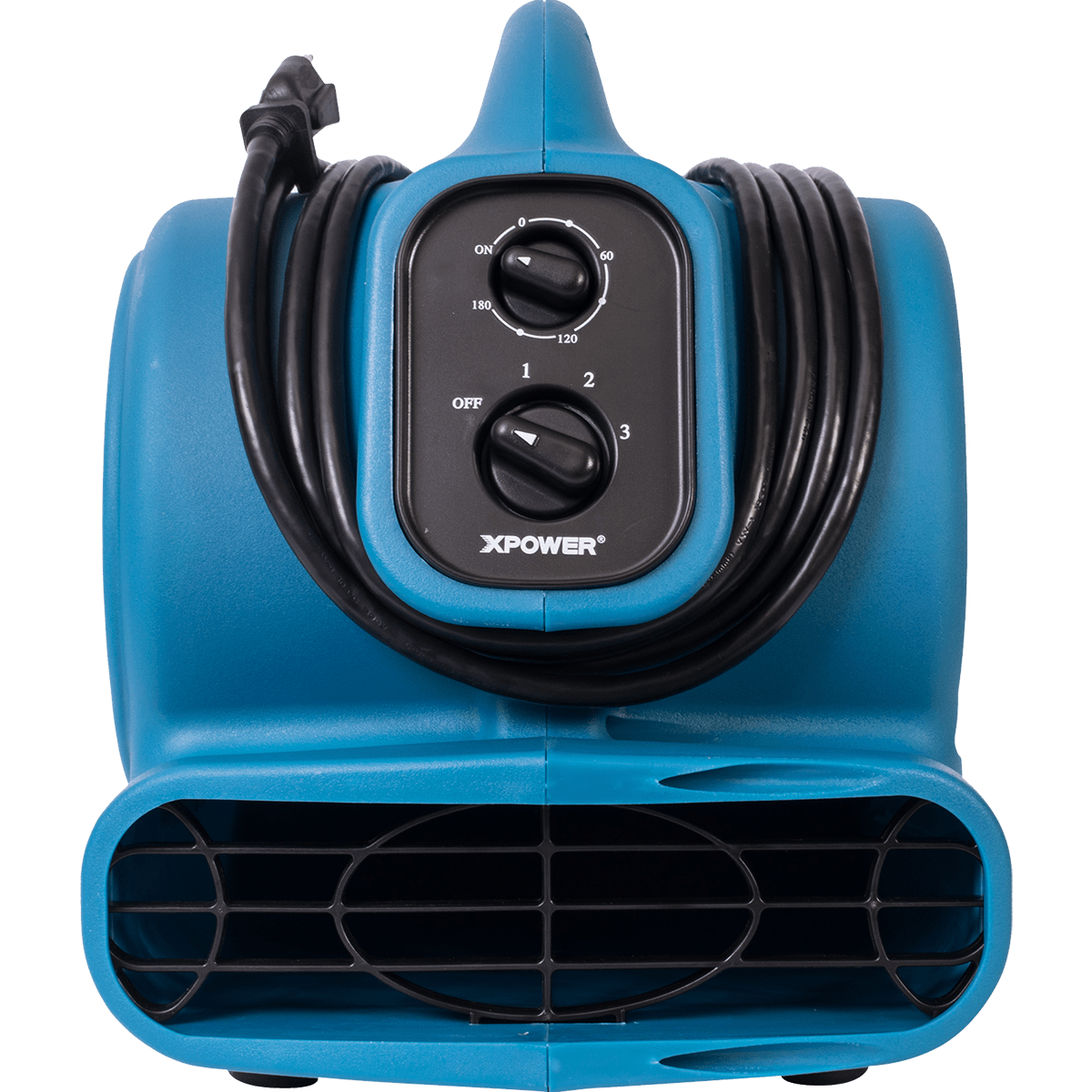 XPOWER 925 CFM Air Mover - Front view with cord wrap.