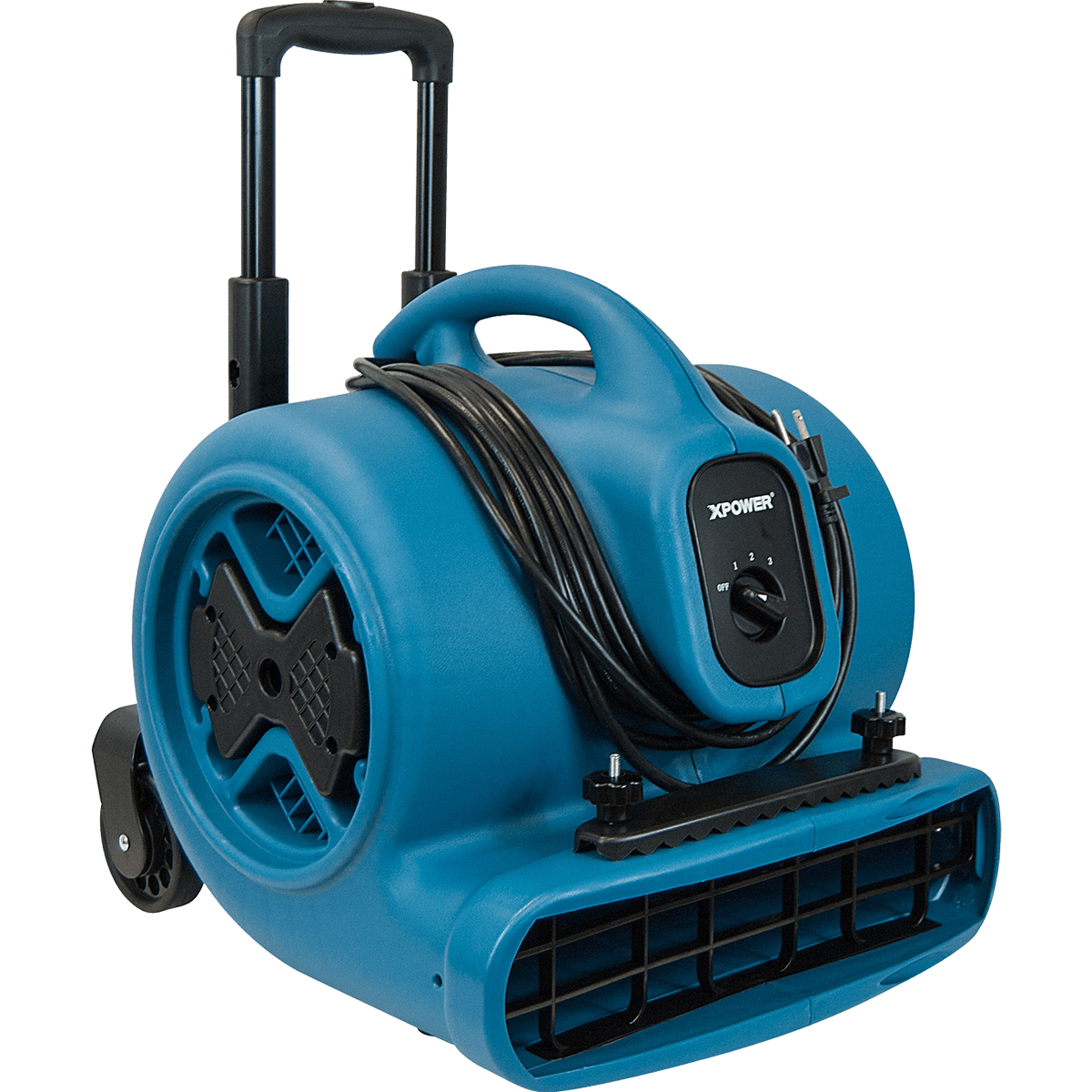 XPOWER 1/2 HP 2800 CFM 3-Speed Air Circulator w/Telescopic Handle & Wheels - Left Angle with Handle Extended