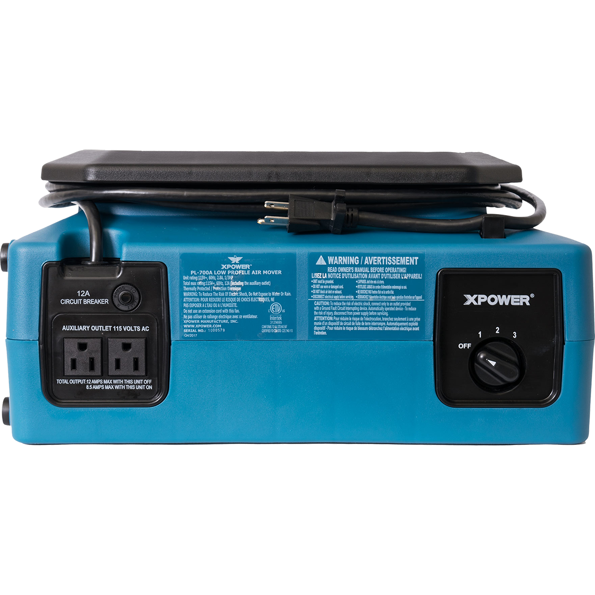 XPOWER 1/3 HP 1050 CFM 3-Speed Low Profile Air Mover - Back View