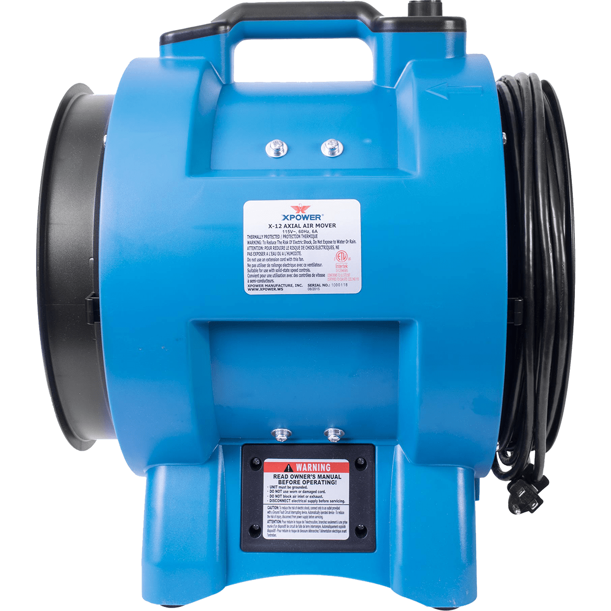 XPOWER X-12 Confined Space 12-In. Industrial Fan - Left Side