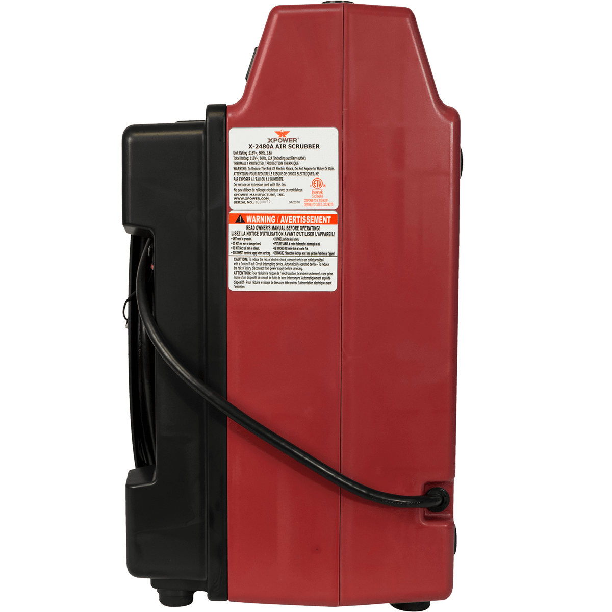 XPOWER X-2480A Professional 3-Stage Mini HEPA Air Scrubber Red - Side 2