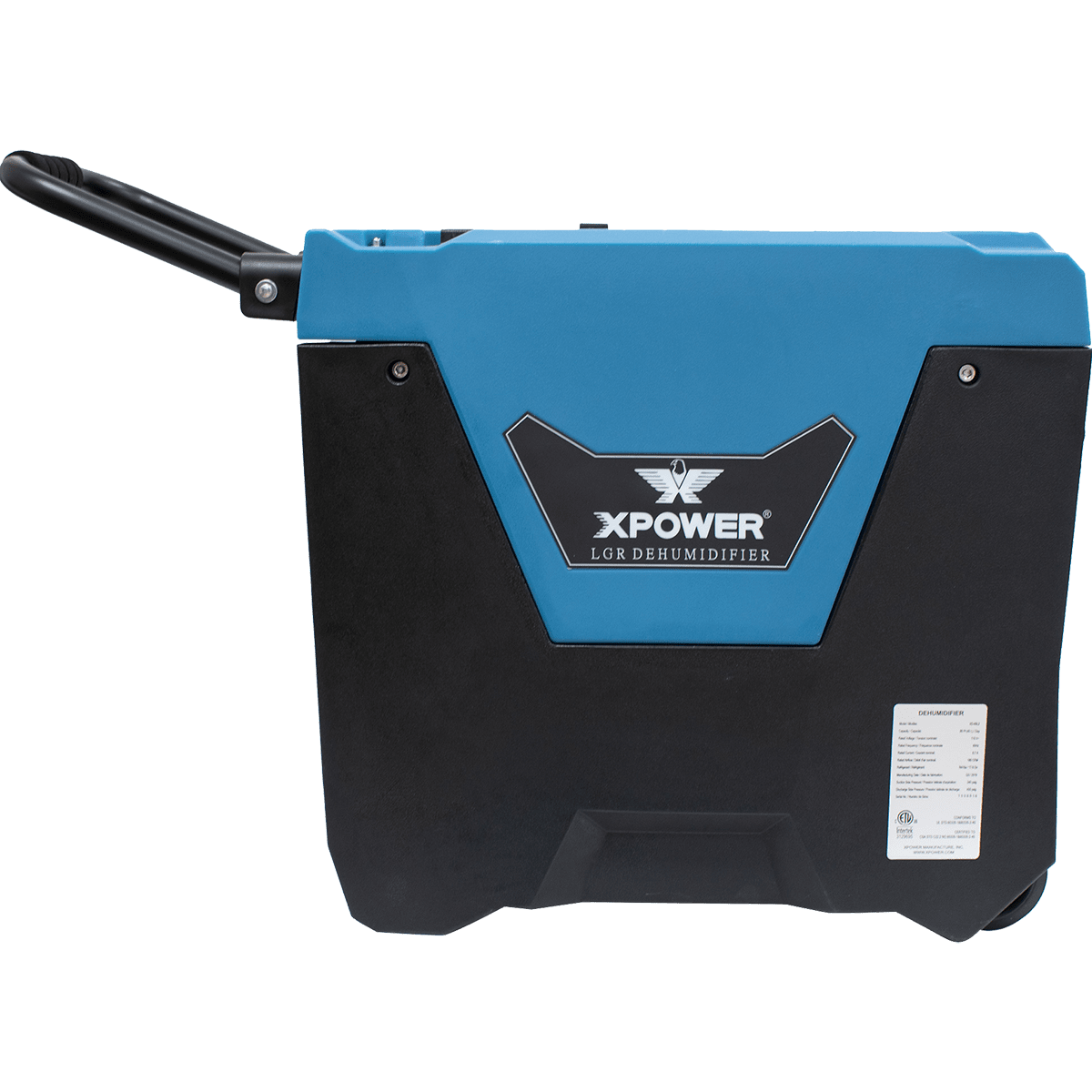 XPOWER XD-85L2 Commercial LGR Dehumidifier w/ Pump - Side View with Handle Extended
