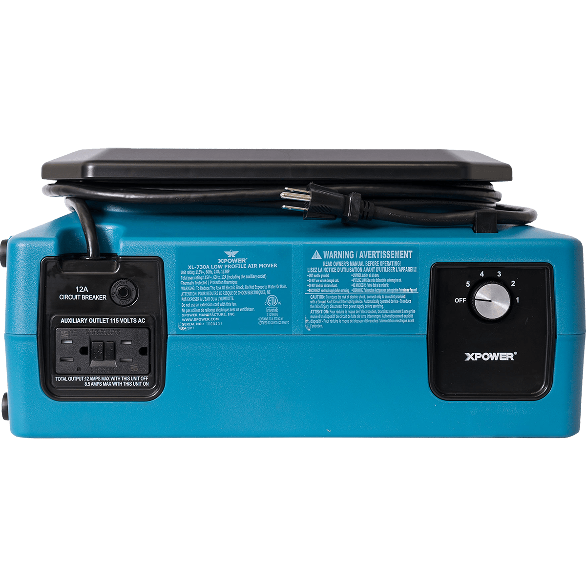 XPOWER XL-730A Professional Low Profile Air Mover - Back View