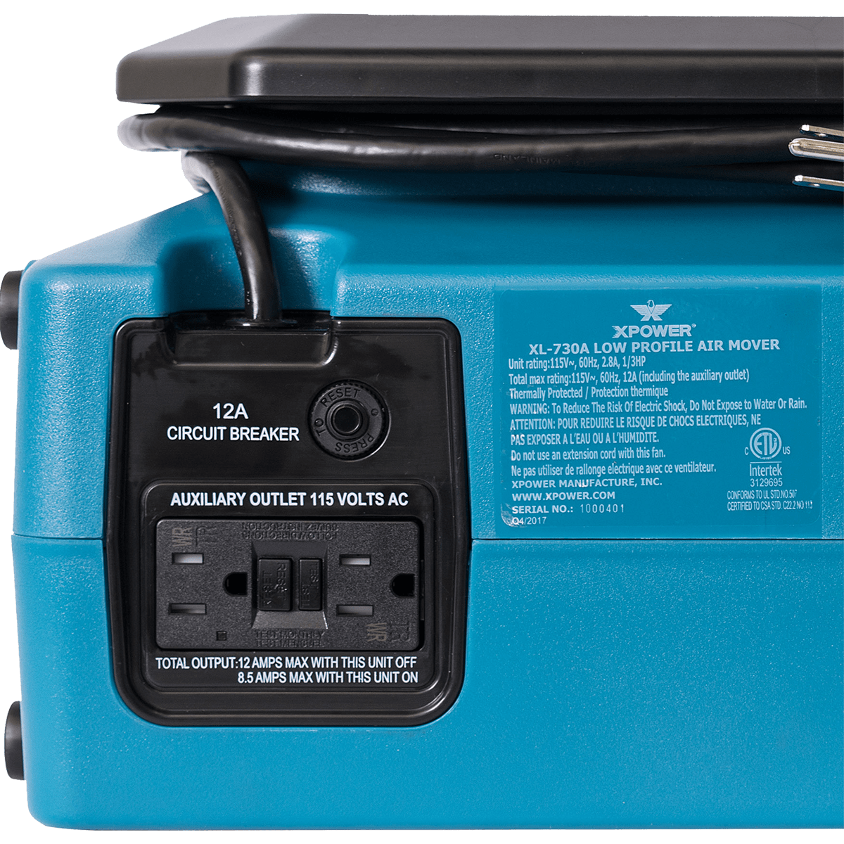 XPOWER XL-730A Professional Low Profile Air Mover - On-board GFCI Plugs