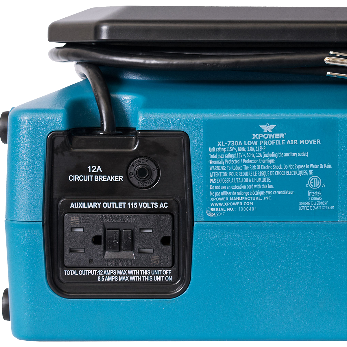 XPOWER XL-730A Professional Low Profile Air Mover - On-board GFCI Plugs
