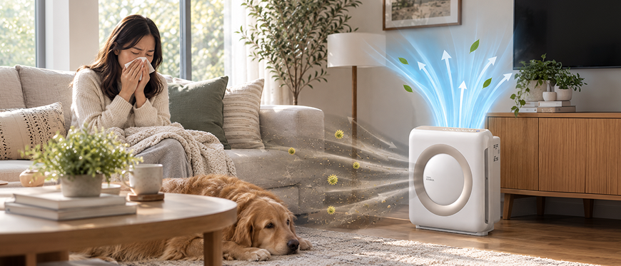 A woman blowing her nose into a tissue while an air purifier is cleaning the air via 'visible' air streams