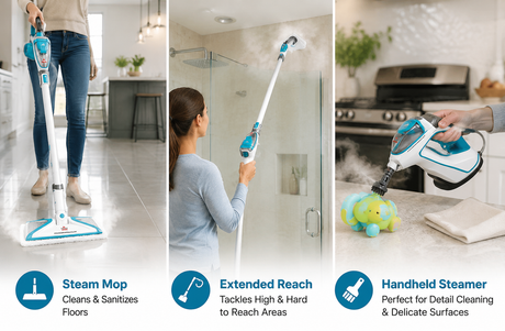 A digital image of a Ladybug Steam Cleaner in use.
